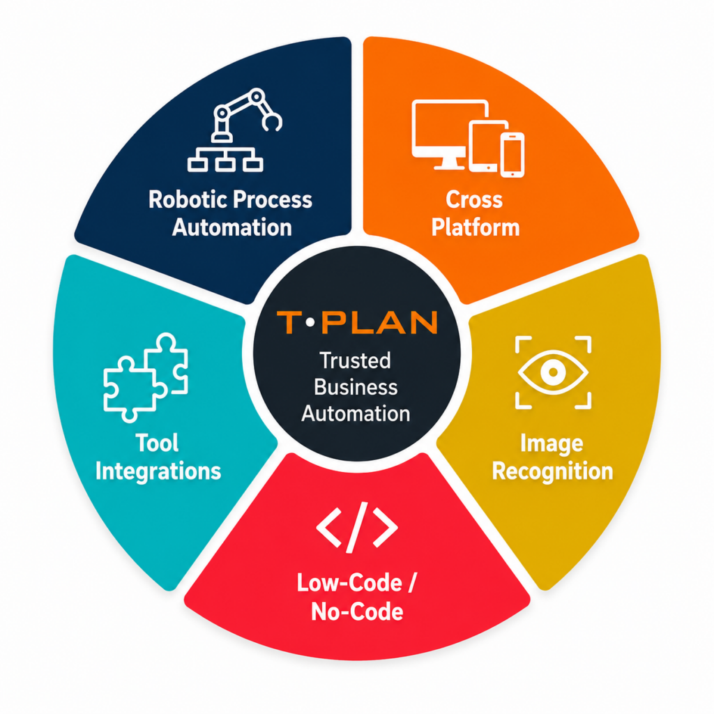Circular infographic showing T-Plan's core automation capabilities including Robotic Process Automation, Cross-Platform Automation, Image Recognition, Low-Code/No-Code Automation and Tool Integrations surrounding the T-Plan Trusted Business Automation platform.