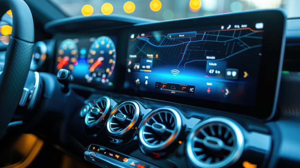 In-car infotainment system with touch screen and voice control.