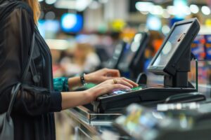 A customer making a purchase at a supermarket checkout using a card payment machine. The store environment is busy and well-lit. Epos till.