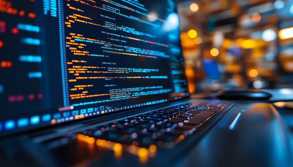 Coding with orange text and keyboard.