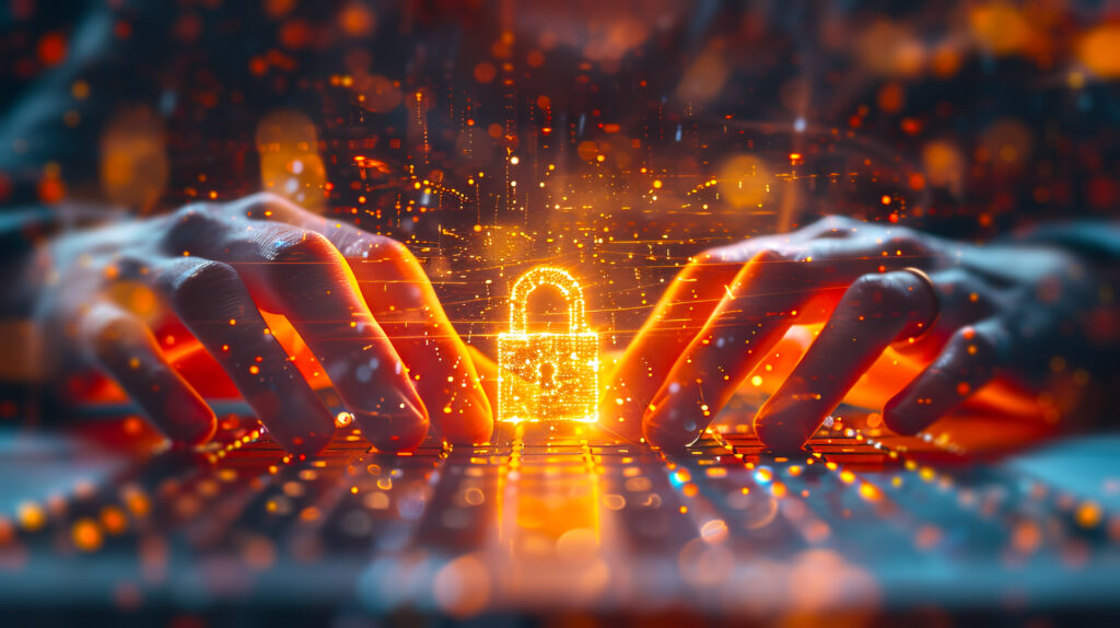 Hands typing on a laptop keyboard with a digital lock hologram, concept of cybersecurity on a bokeh lights background.