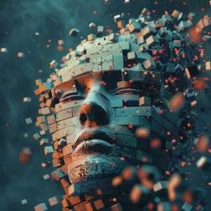 AI-Generated Code Defects face made of building block. orange and blue grey