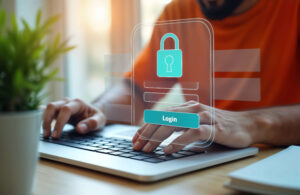 User logging in to their laptop. Padlock logo.