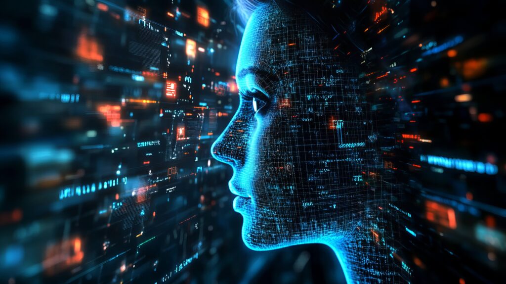 Visual Test Automation, AI face and code looking at validation. Blue and orange colour.