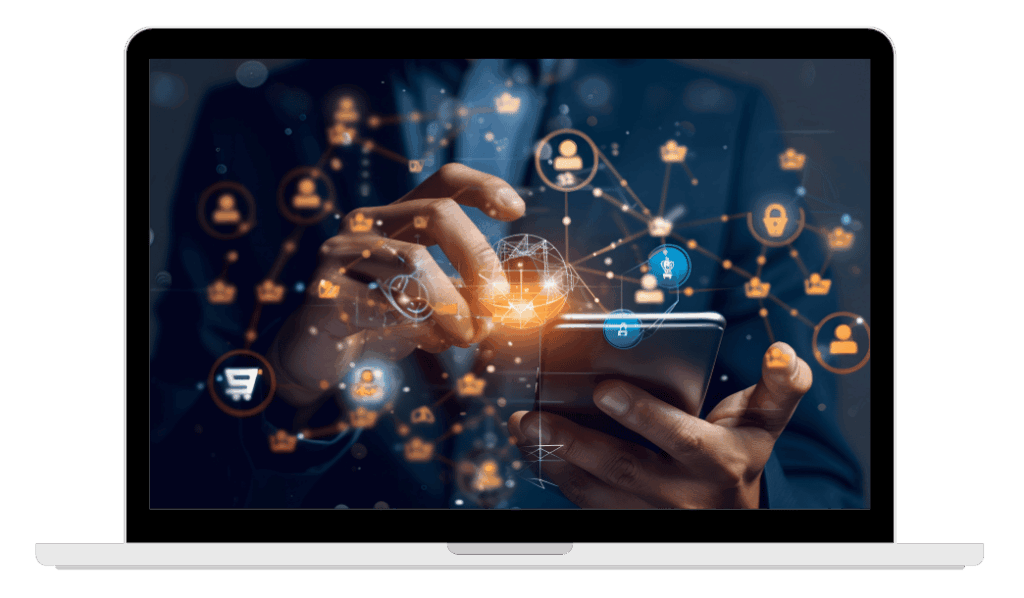 Laptop screen with someone using a mobile phone to do banking on. Orange icons floating up and out of the iPad