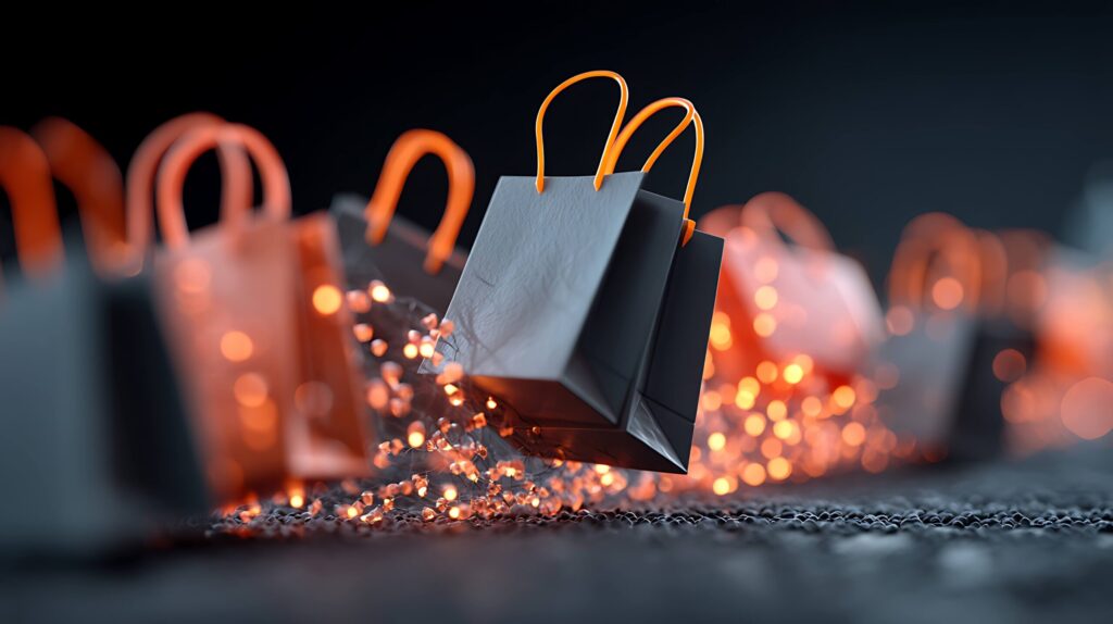 Shopping bags with sparkle Christmas festive lights. Orange and black.