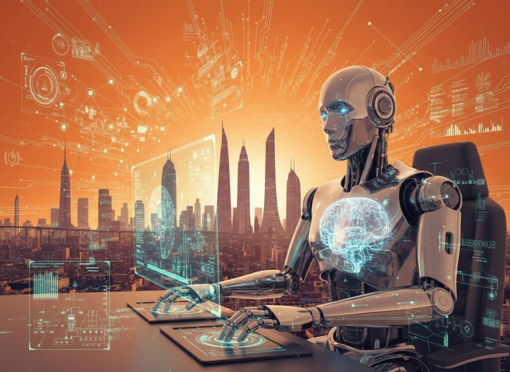 T-Plan Robot sitting in city landscape