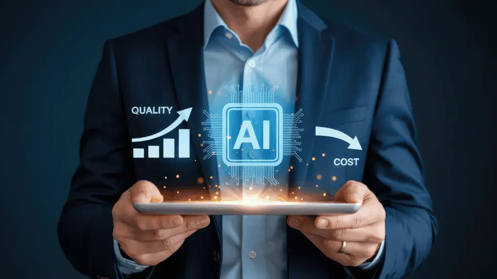 Money and cost implications of AI. A man holding an iPad with a graph hovering above it.