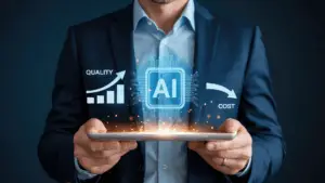 Money and cost implications of AI. A man holding an iPad with a graph hovering above it.