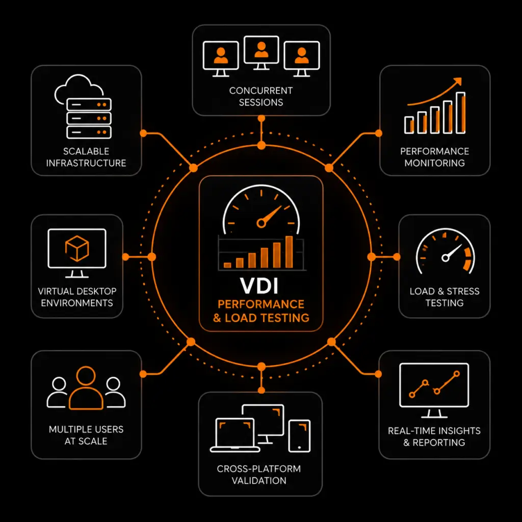 Square enterprise infographic showing VDI performance and load testing with connected icons representing scalability, concurrent users, virtual desktops, monitoring and infrastructure performance in T-Plan branded colours.