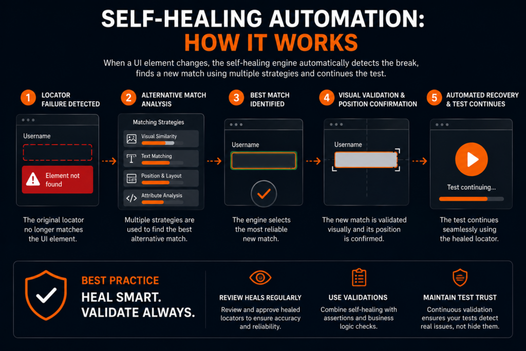 Diagram illustrating the self-healing automation process, including locator failure detection, alternative match analysis, visual validation and automated test recovery during execution.