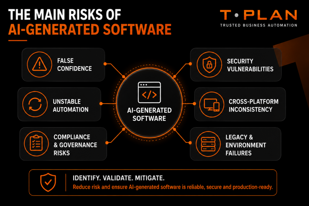Diagram highlighting the main risks of AI-generated software including security vulnerabilities, unstable automation, compliance issues and inconsistent cross-platform behaviour.