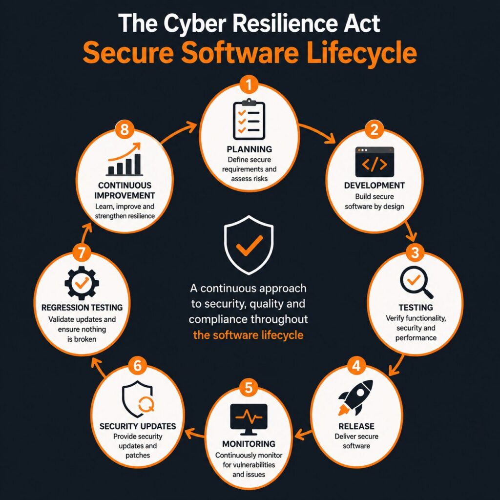 Diagram illustrating the Cyber Resilience Act secure software lifecycle, including planning, development, testing, release, monitoring, security updates, regression testing and continuous improvement.