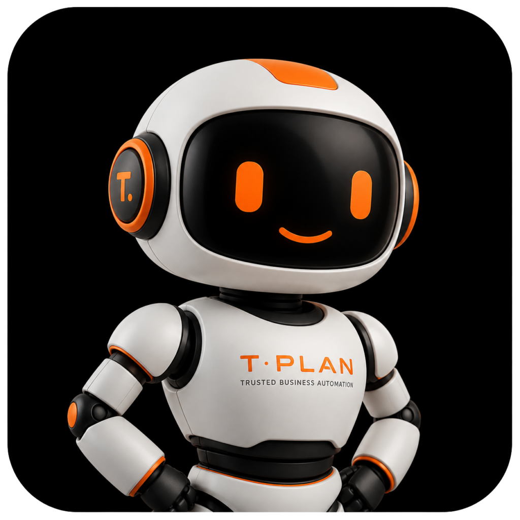 T-Plan Robot AI assistant mascot on a black background, representing intelligent test automation and robotic process automation (RPA).