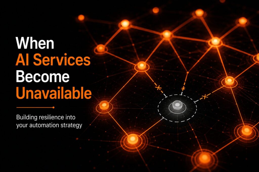 Abstract digital network showing interconnected orange nodes on a dark background, with one disconnected grey node representing a critical AI service outage and the importance of automation resilience.