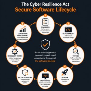 Diagram illustrating the Cyber Resilience Act secure software lifecycle, including planning, development, testing, release, monitoring, security updates, regression testing and continuous improvement.