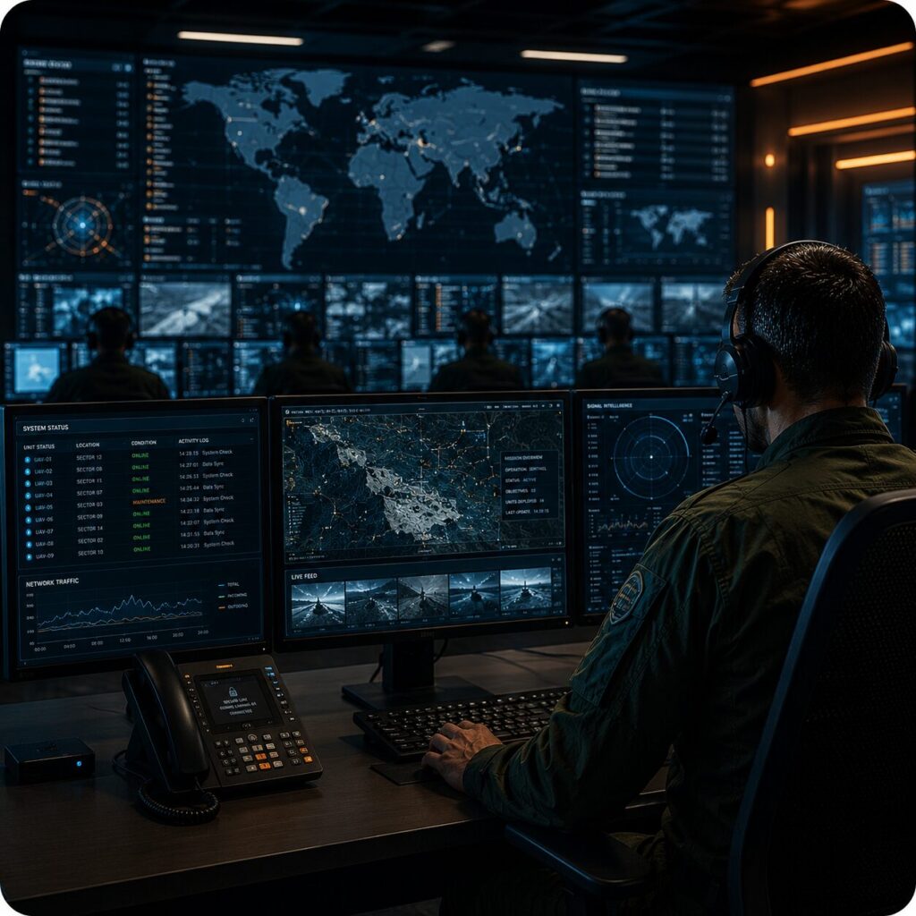Defence software operator monitoring mission-critical systems in a secure command centre for automated software testing.
