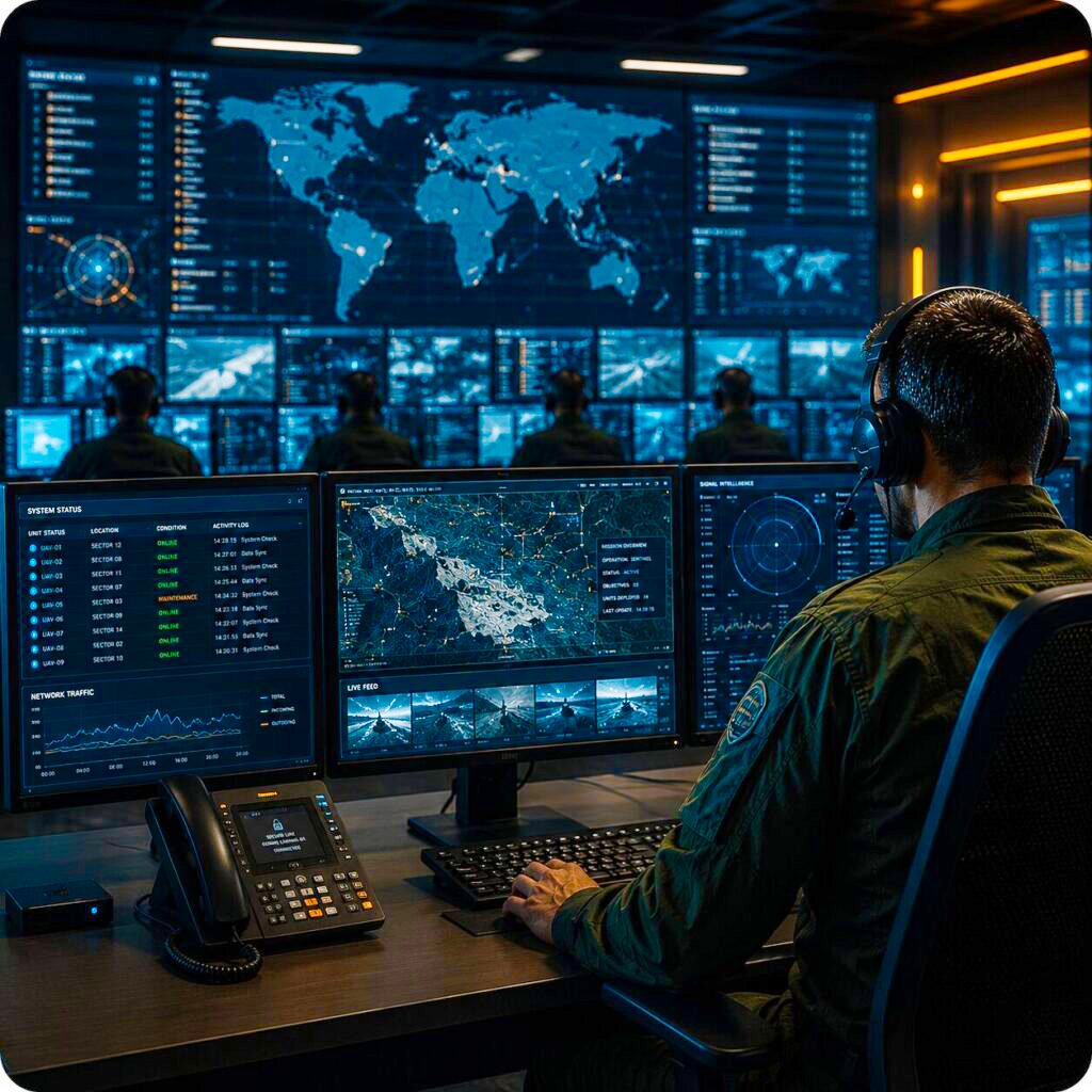 Defence software operator monitoring mission-critical systems in a secure command centre for automated software testing.