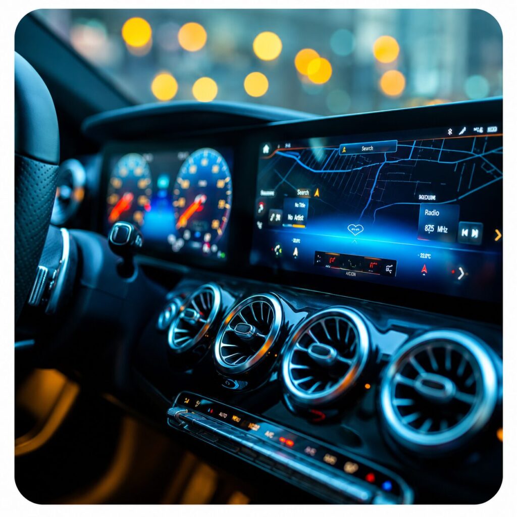 Digital automotive dashboard and infotainment system illustrating modern HMI software testing with T-Plan's visual UI automation.