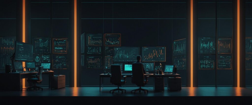 "Dark, futuristic software testing environment with illuminated screens representing autonomous AI testing in a lights-out testing factory."