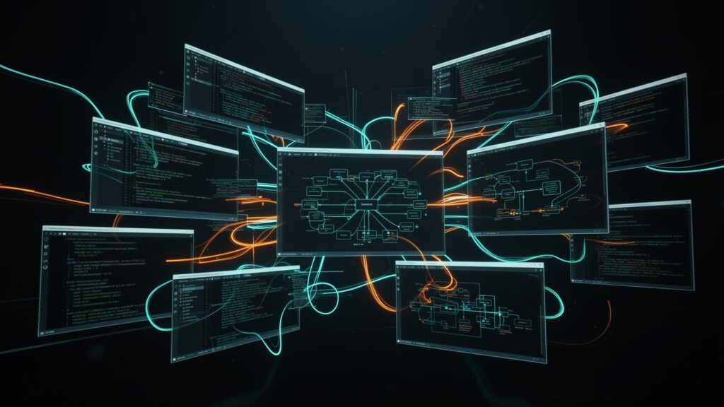 AI-powered browser testing connected to multiple enterprise software environments, representing Claude Code, Playwright MCP and cross-platform automation.