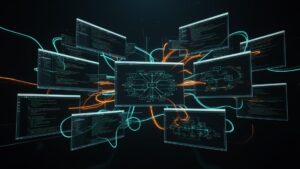 AI-powered browser testing connected to multiple enterprise software environments, representing Claude Code, Playwright MCP and cross-platform automation.