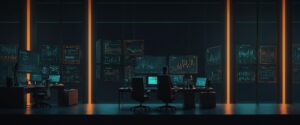 "Dark, futuristic software testing environment with illuminated screens representing autonomous AI testing in a lights-out testing factory."