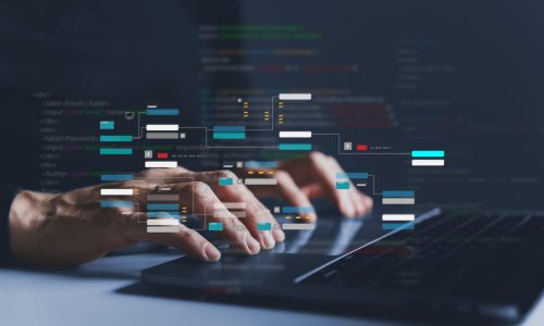 Software developer or programmer coding program with laptop. Create Intelligence innovation. Computer programming, development software engineer and architecture, digital data technology management